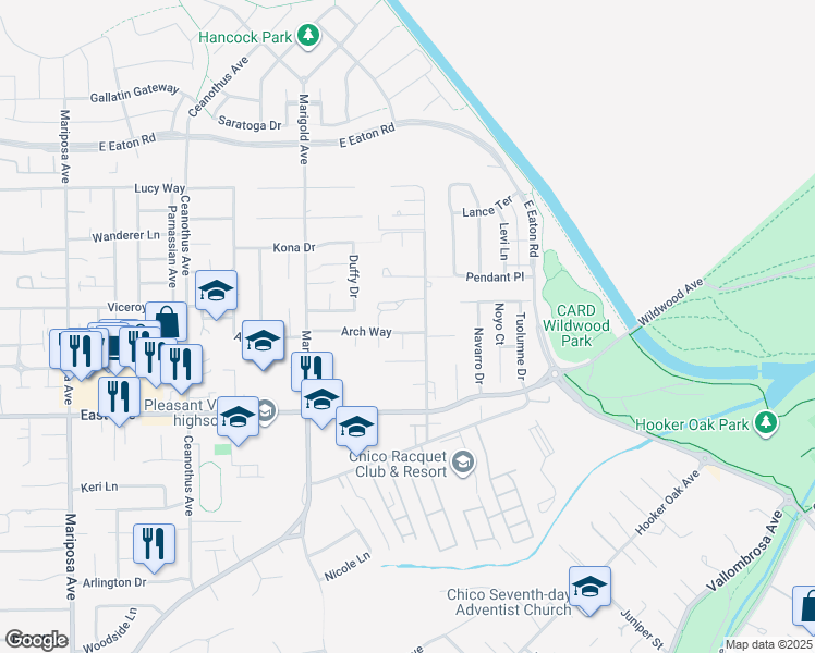 map of restaurants, bars, coffee shops, grocery stores, and more near 1679 Arch Way in Chico
