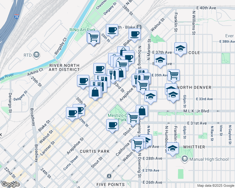 map of restaurants, bars, coffee shops, grocery stores, and more near 3201 Arapahoe Street in Denver