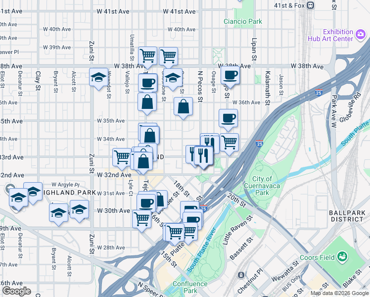map of restaurants, bars, coffee shops, grocery stores, and more near 1743 West 33rd Avenue in Denver