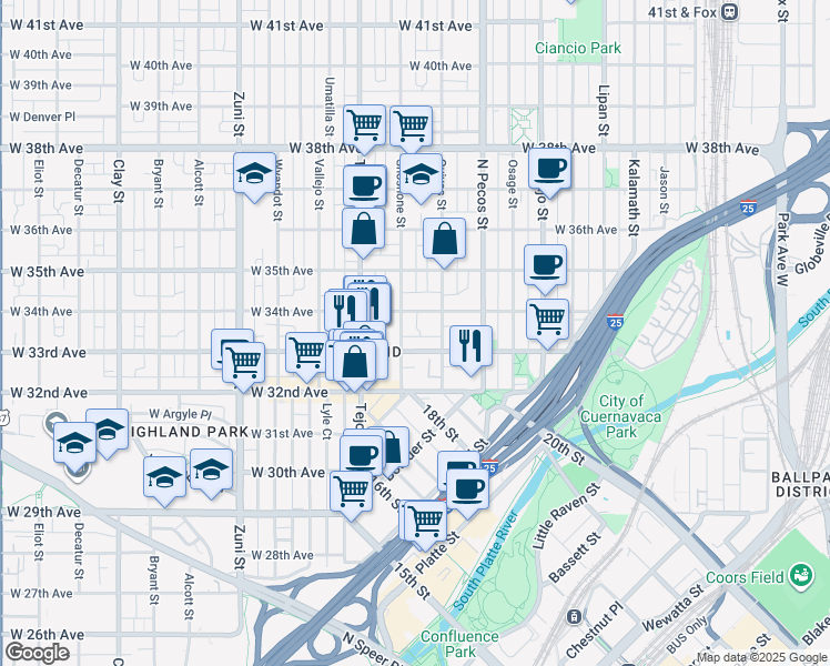 map of restaurants, bars, coffee shops, grocery stores, and more near 1839 West 33rd Avenue in Denver