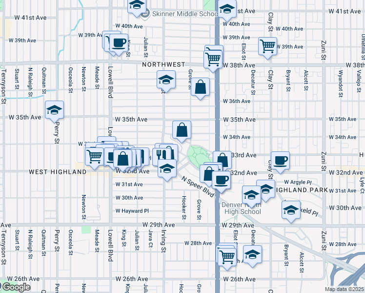 map of restaurants, bars, coffee shops, grocery stores, and more near in Denver