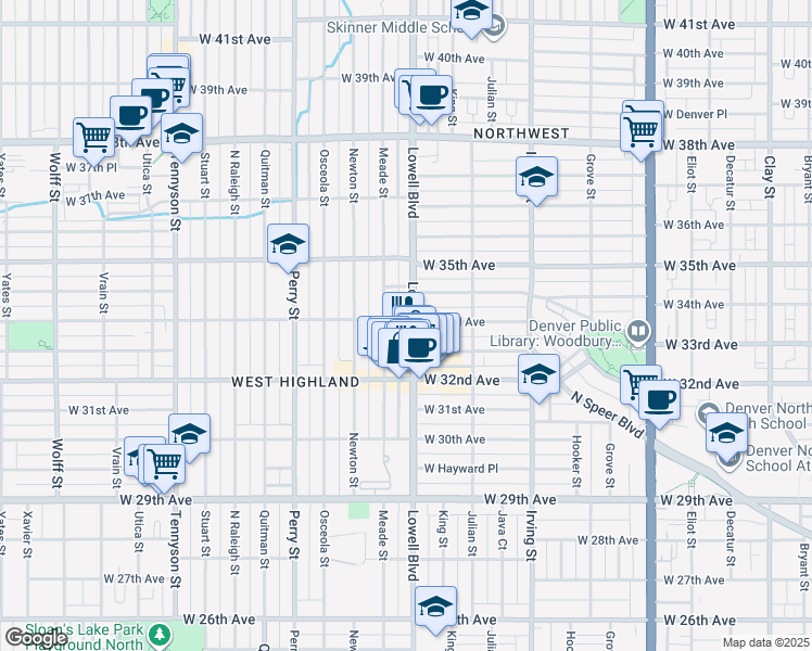 map of restaurants, bars, coffee shops, grocery stores, and more near 3494 West 33rd Avenue in Denver