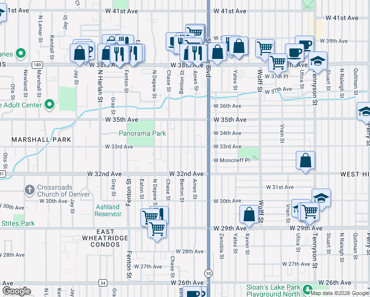 map of restaurants, bars, coffee shops, grocery stores, and more near 3286 Benton Street in Wheat Ridge