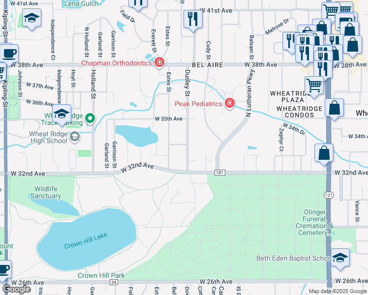 map of restaurants, bars, coffee shops, grocery stores, and more near 8730 West 34th Avenue in Wheat Ridge