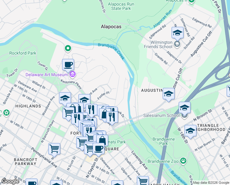 map of restaurants, bars, coffee shops, grocery stores, and more near 2301 Riddle Avenue in Wilmington