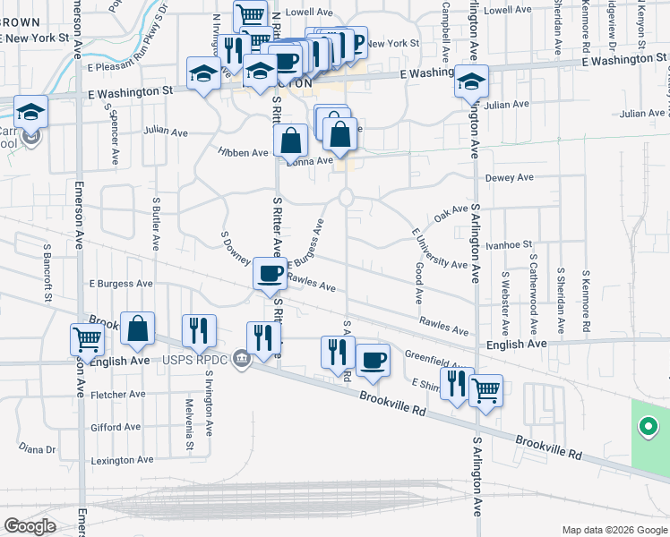 map of restaurants, bars, coffee shops, grocery stores, and more near 5622 Rawles Avenue in Indianapolis