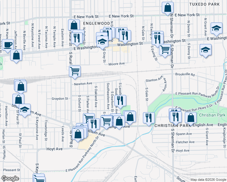 map of restaurants, bars, coffee shops, grocery stores, and more near 265 South Dearborn Street in Indianapolis