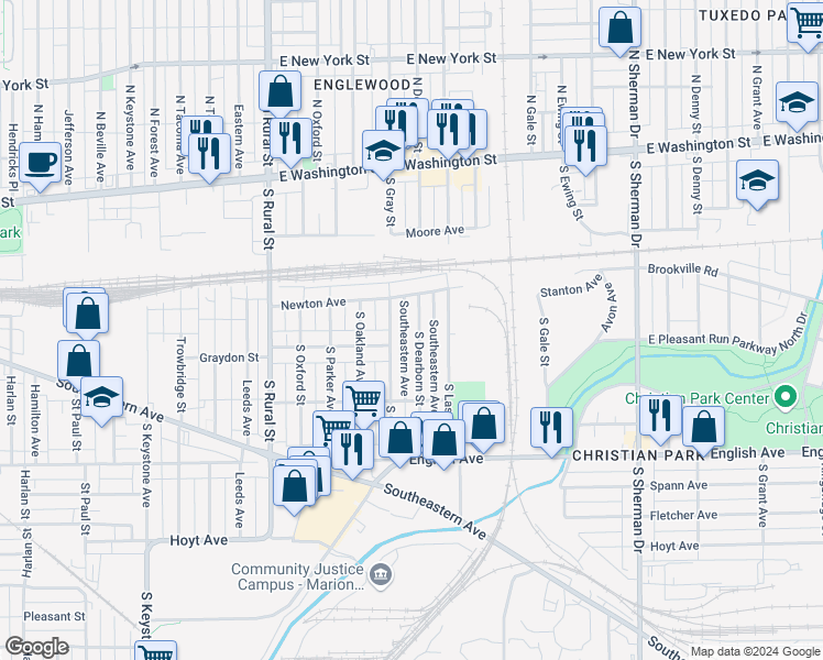 map of restaurants, bars, coffee shops, grocery stores, and more near 265 South Dearborn Street in Indianapolis
