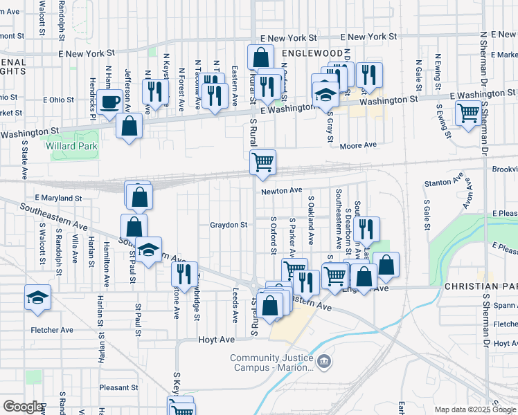 map of restaurants, bars, coffee shops, grocery stores, and more near 260 South Rural Street in Indianapolis