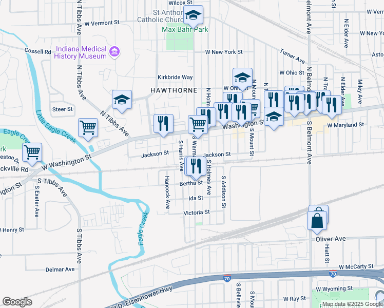 map of restaurants, bars, coffee shops, grocery stores, and more near 2731 Jackson Street in Indianapolis