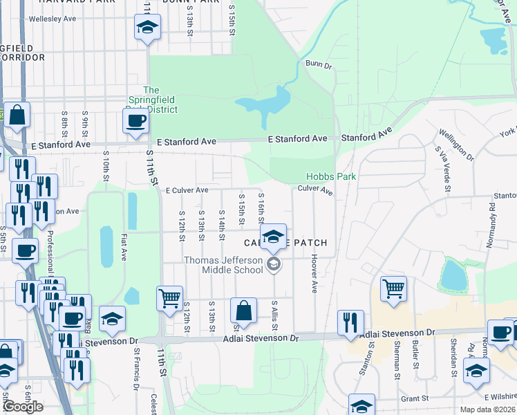 map of restaurants, bars, coffee shops, grocery stores, and more near 2801-2899 S 16th St in Springfield