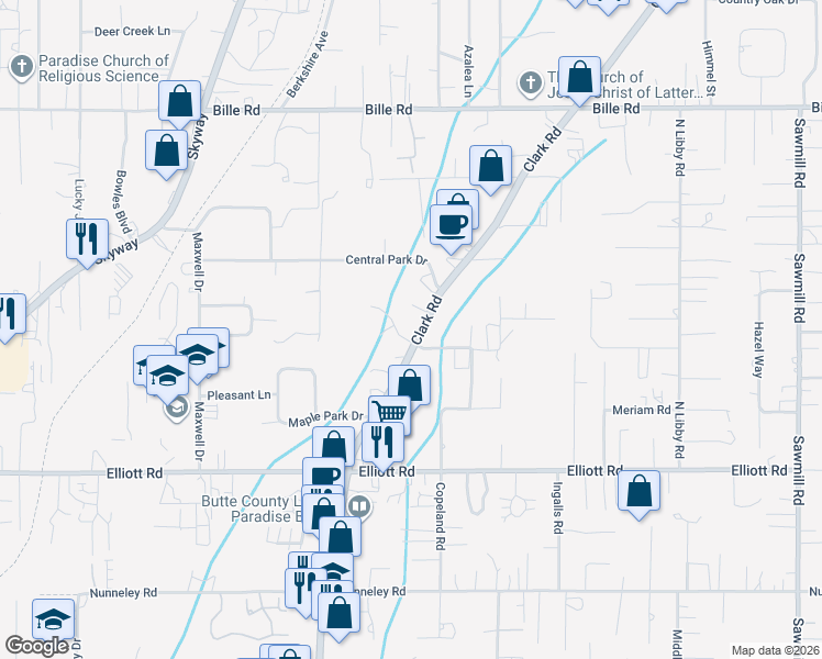 map of restaurants, bars, coffee shops, grocery stores, and more near 6161 Clark Road in Paradise
