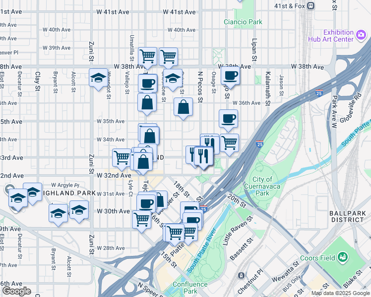 map of restaurants, bars, coffee shops, grocery stores, and more near 1743 West 33rd Avenue in Denver