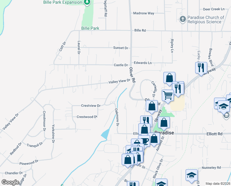 map of restaurants, bars, coffee shops, grocery stores, and more near 6020 Crestview Drive in Paradise