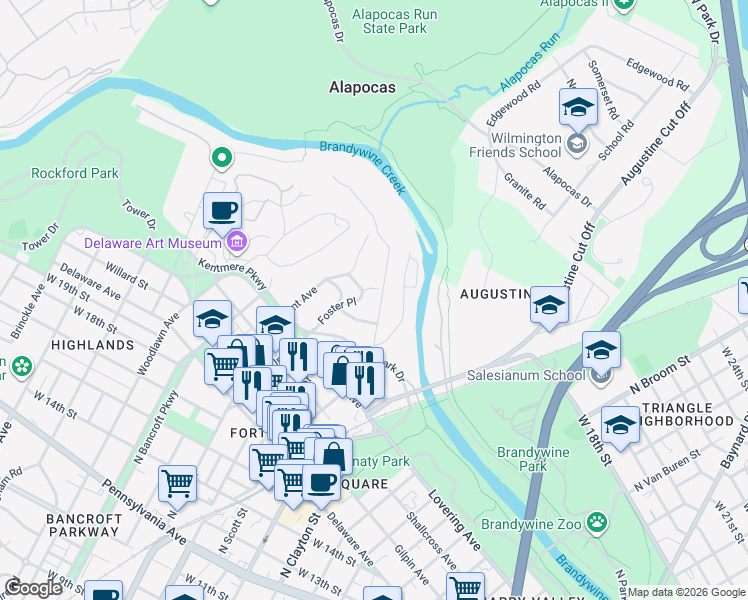 map of restaurants, bars, coffee shops, grocery stores, and more near 2301 Riddle Avenue in Wilmington