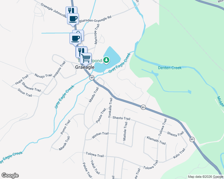 map of restaurants, bars, coffee shops, grocery stores, and more near West Graeagle Meadows Road in Graeagle