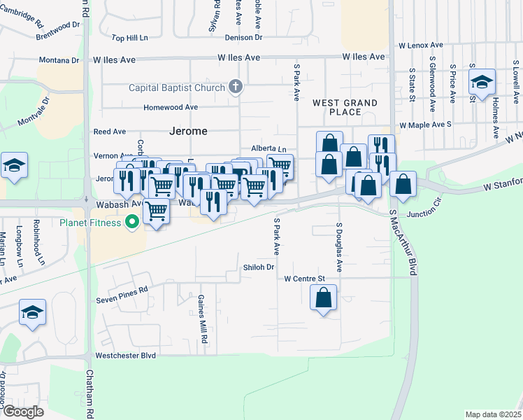 map of restaurants, bars, coffee shops, grocery stores, and more near Wabash Trail in Springfield