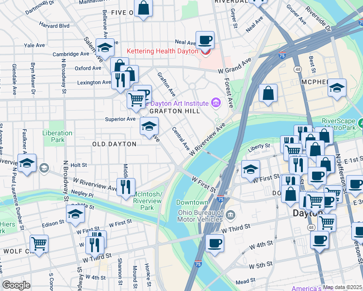 map of restaurants, bars, coffee shops, grocery stores, and more near 39 Central Avenue in Dayton