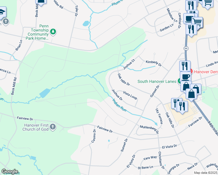 map of restaurants, bars, coffee shops, grocery stores, and more near 214 Joshua Drive in Hanover