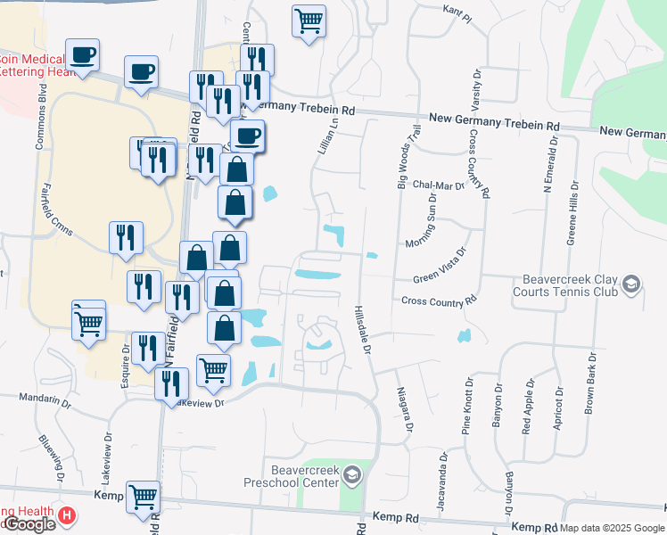 map of restaurants, bars, coffee shops, grocery stores, and more near 3047 Glenbrook Drive in Beavercreek