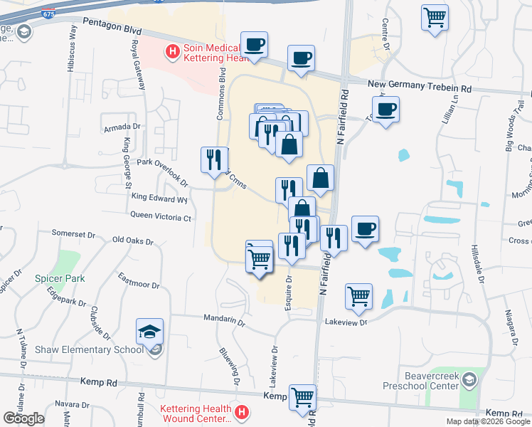 map of restaurants, bars, coffee shops, grocery stores, and more near 2661 Fairfield Commons Boulevard in Dayton