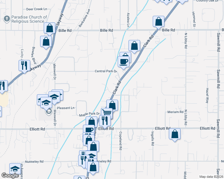 map of restaurants, bars, coffee shops, grocery stores, and more near 999 Saxberg Drive in Paradise