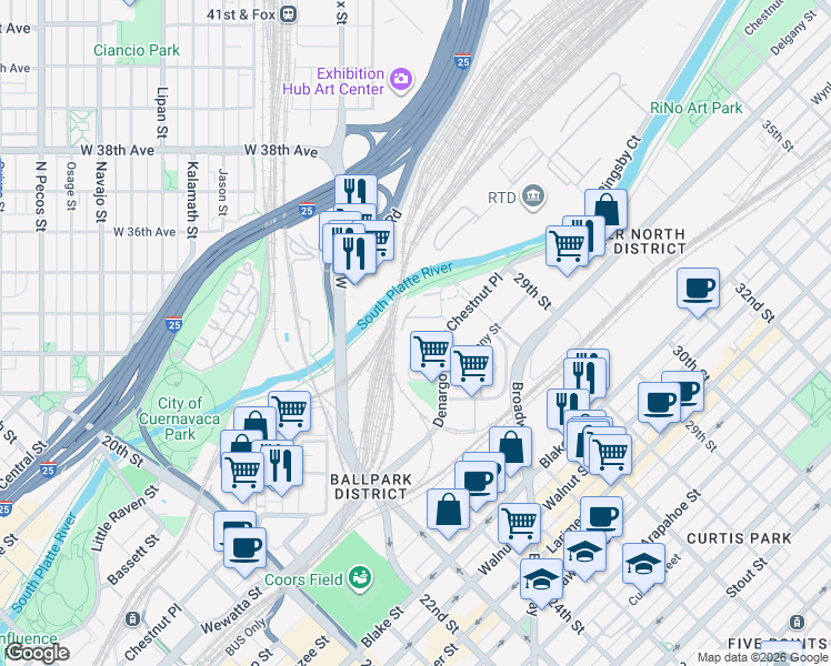 map of restaurants, bars, coffee shops, grocery stores, and more near 3315 Denargo Street in Denver
