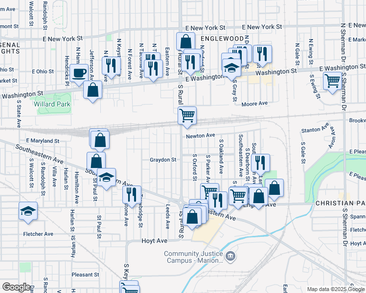map of restaurants, bars, coffee shops, grocery stores, and more near 245 South Rural Street in Indianapolis