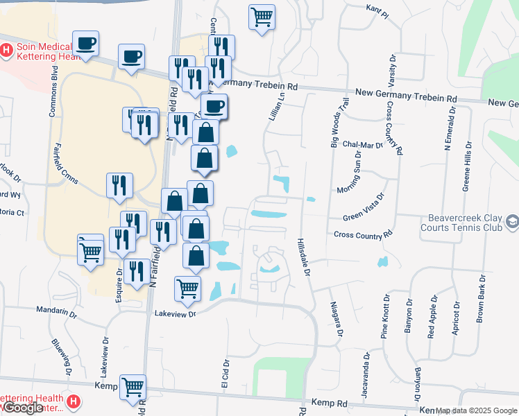 map of restaurants, bars, coffee shops, grocery stores, and more near 3085 Cumberland Lane in Beavercreek
