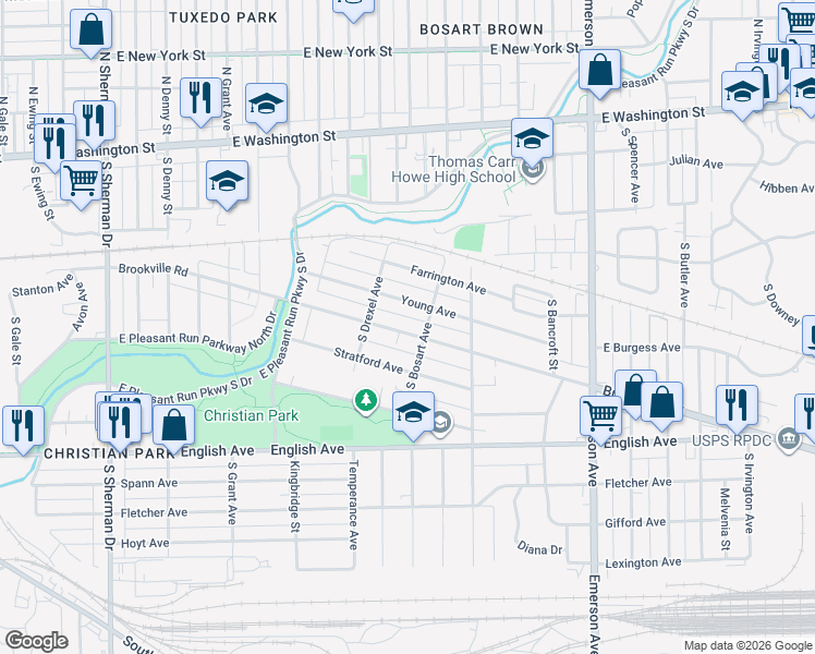 map of restaurants, bars, coffee shops, grocery stores, and more near 4621 South Brookville Road in Indianapolis