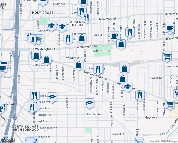 map of restaurants, bars, coffee shops, grocery stores, and more near 1705 Southeastern Avenue in Indianapolis
