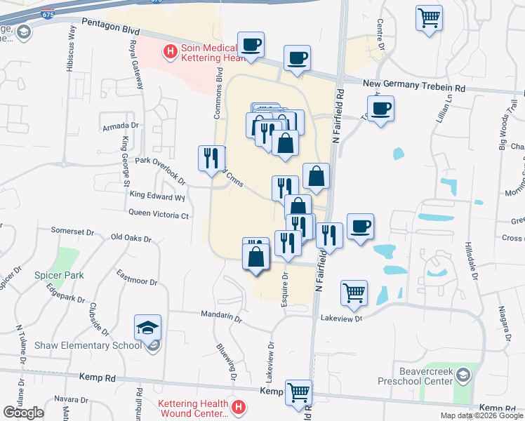 map of restaurants, bars, coffee shops, grocery stores, and more near 2661 Fairfield Commons Boulevard in Dayton