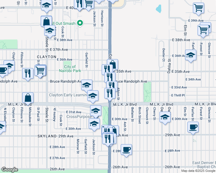 map of restaurants, bars, coffee shops, grocery stores, and more near 3328 Harrison Street in Denver