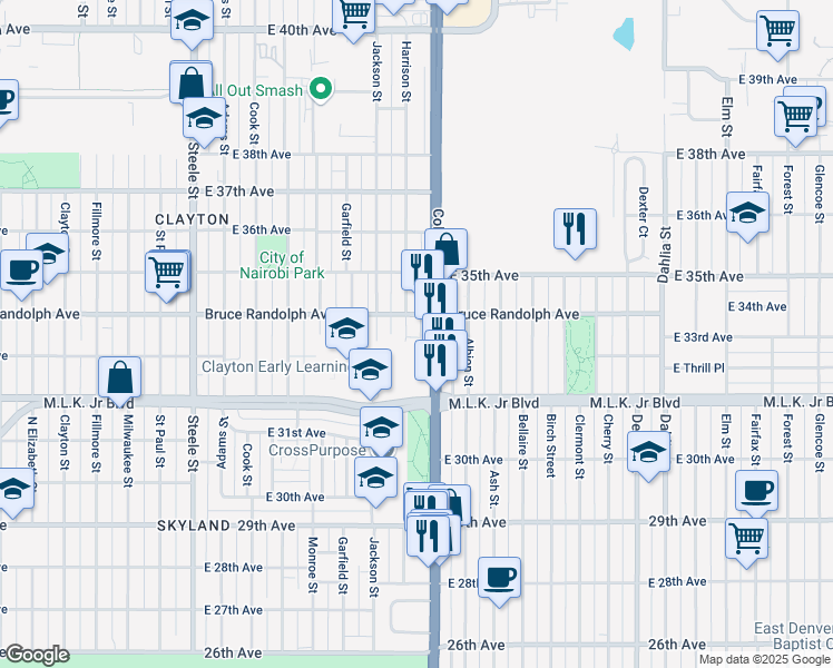 map of restaurants, bars, coffee shops, grocery stores, and more near 3328 Harrison Street in Denver