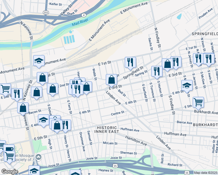 map of restaurants, bars, coffee shops, grocery stores, and more near 4 Springfield Street in Dayton