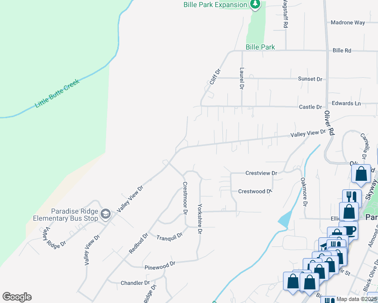 map of restaurants, bars, coffee shops, grocery stores, and more near 372 Valley View Drive in Paradise