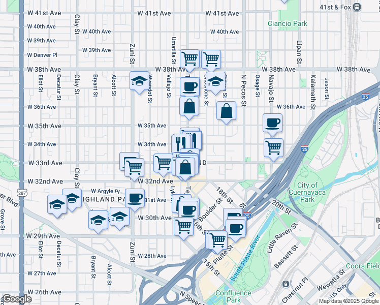 map of restaurants, bars, coffee shops, grocery stores, and more near in Denver