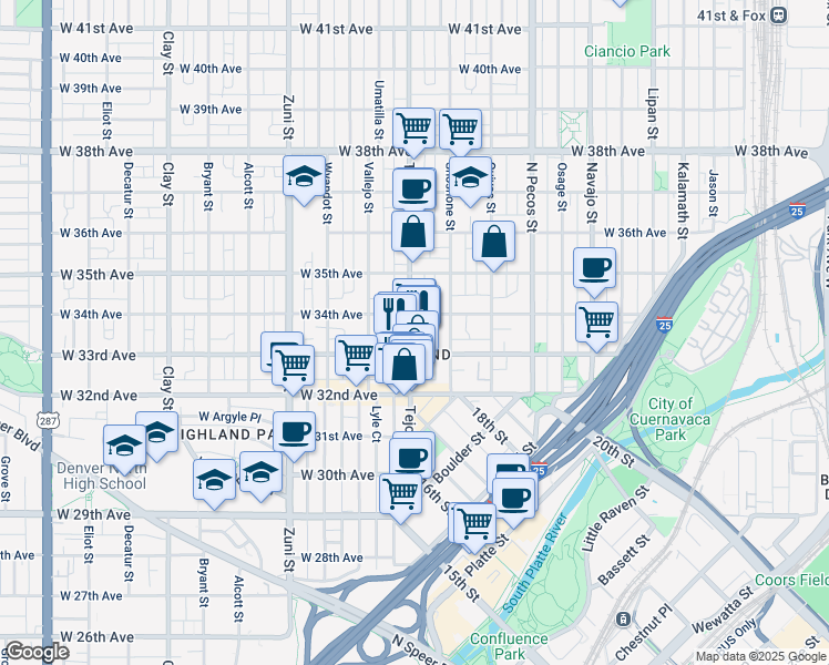 map of restaurants, bars, coffee shops, grocery stores, and more near 3334 Tejon Street in Denver