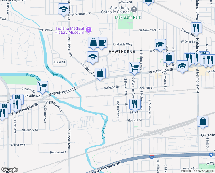 map of restaurants, bars, coffee shops, grocery stores, and more near 3034 Jackson Street in Indianapolis
