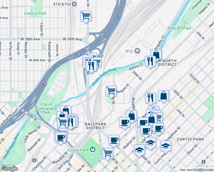map of restaurants, bars, coffee shops, grocery stores, and more near 3355 Denargo Street in Denver