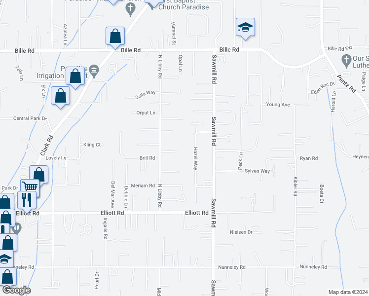 map of restaurants, bars, coffee shops, grocery stores, and more near 1443 Powell Lane in Paradise