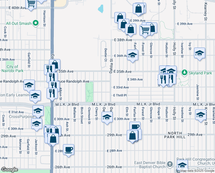map of restaurants, bars, coffee shops, grocery stores, and more near 3311 Dahlia Street in Denver