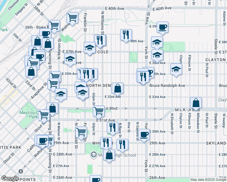map of restaurants, bars, coffee shops, grocery stores, and more near 3309 Race Street in Denver