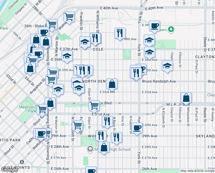 map of restaurants, bars, coffee shops, grocery stores, and more near 3309 Race Street in Denver