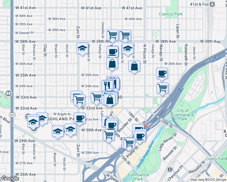 map of restaurants, bars, coffee shops, grocery stores, and more near in Denver