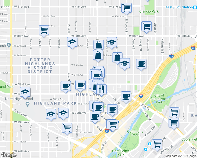 map of restaurants, bars, coffee shops, grocery stores, and more near in Denver