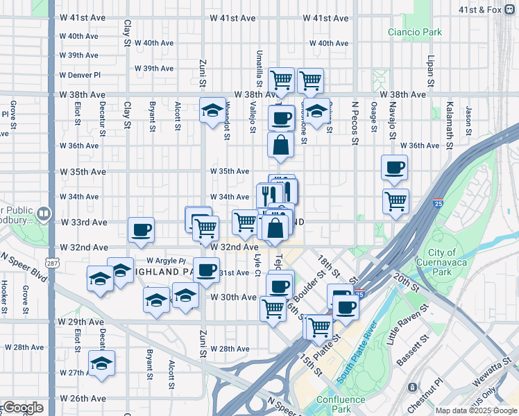 map of restaurants, bars, coffee shops, grocery stores, and more near 2001 West 33rd Avenue in Denver