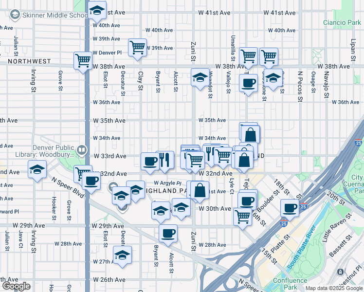 map of restaurants, bars, coffee shops, grocery stores, and more near in Denver