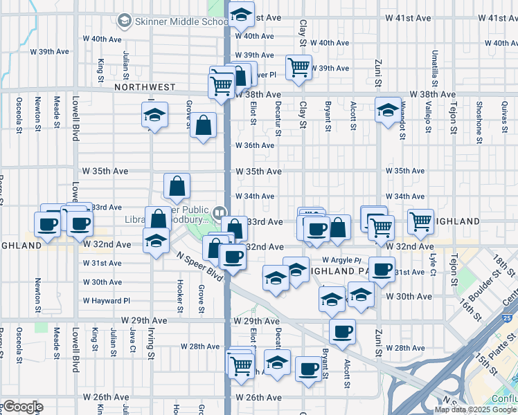 map of restaurants, bars, coffee shops, grocery stores, and more near 2917 West 33rd Avenue in Denver