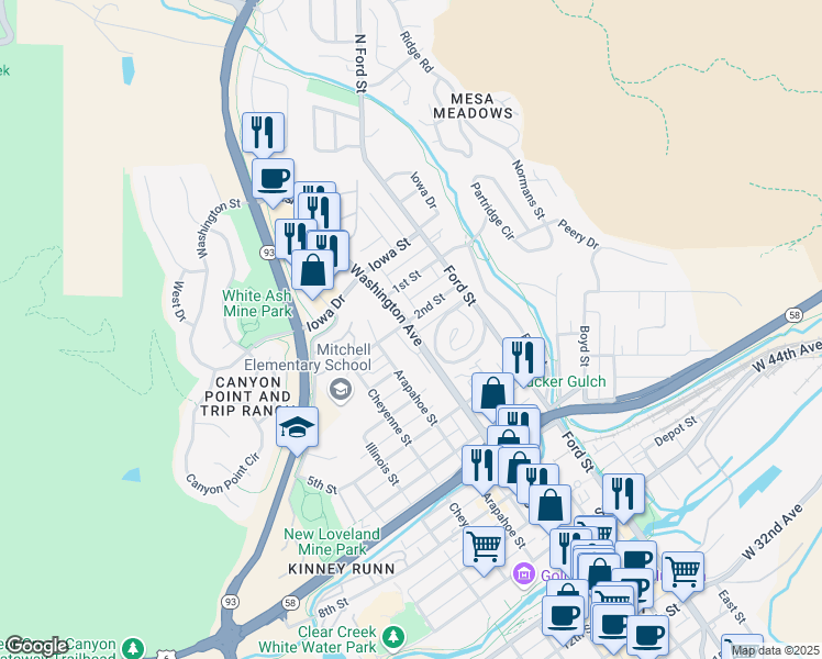 map of restaurants, bars, coffee shops, grocery stores, and more near 208 Washington Avenue in Golden